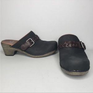 Dansko Black Suede Clogs w/ Brown Braided Buckle